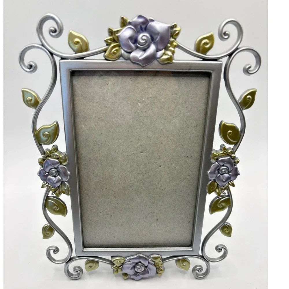 Vintage Connoisseur Pewter Silver Enamel Purple Rose Floral Picture Frame 4x6